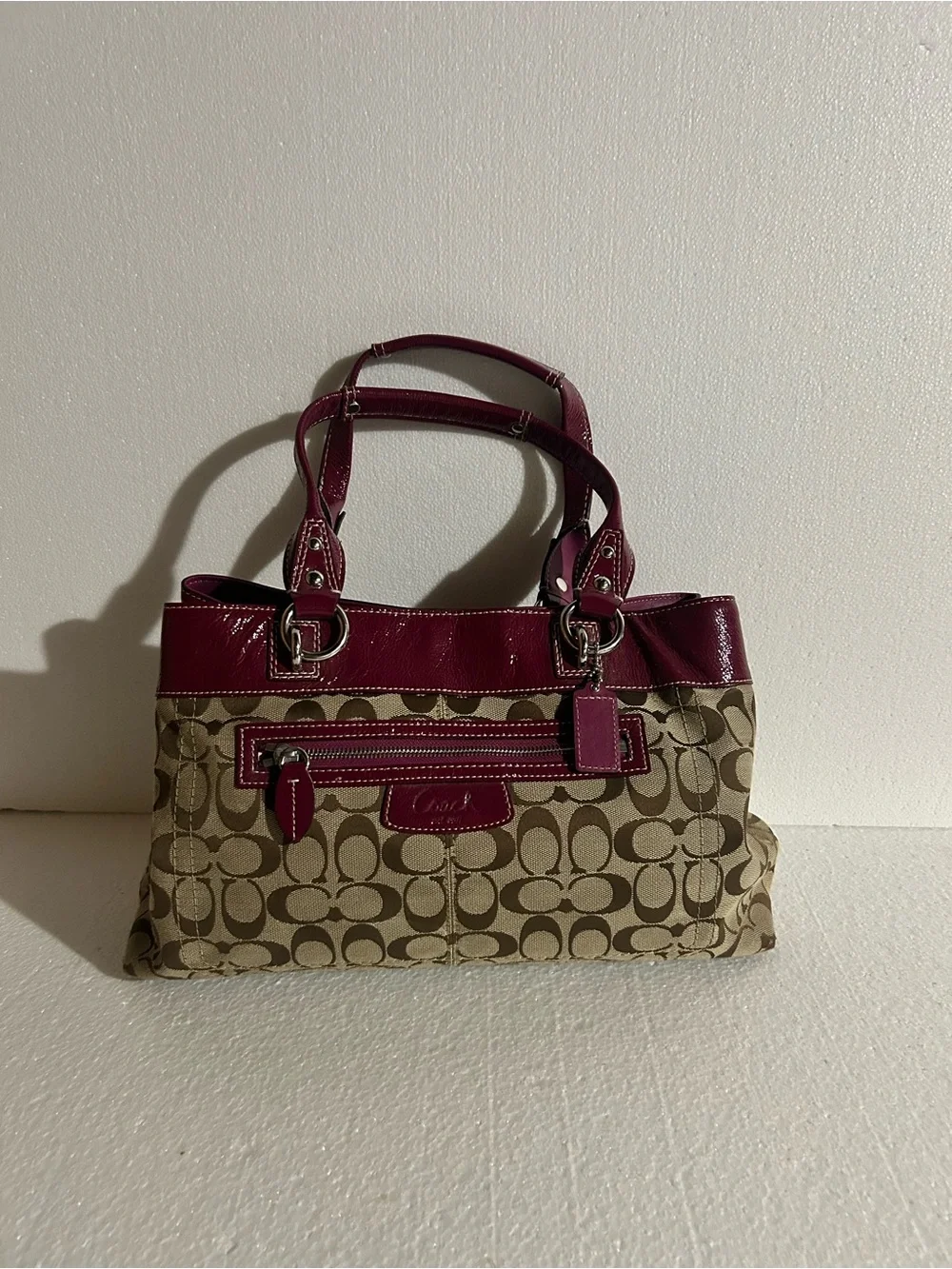 Vintage 2010 Coach Signature Canvas Shoulder Bag with Magenta Trim